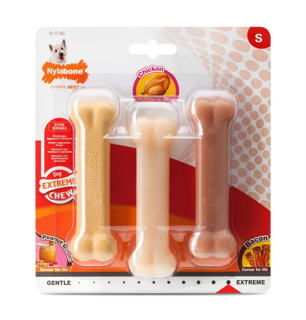 Nylabone Peanut Butter / Chicken / Bacon Bone Triple Pack – Small Extreme Chews Toys  USA |  NOPTZ-3274